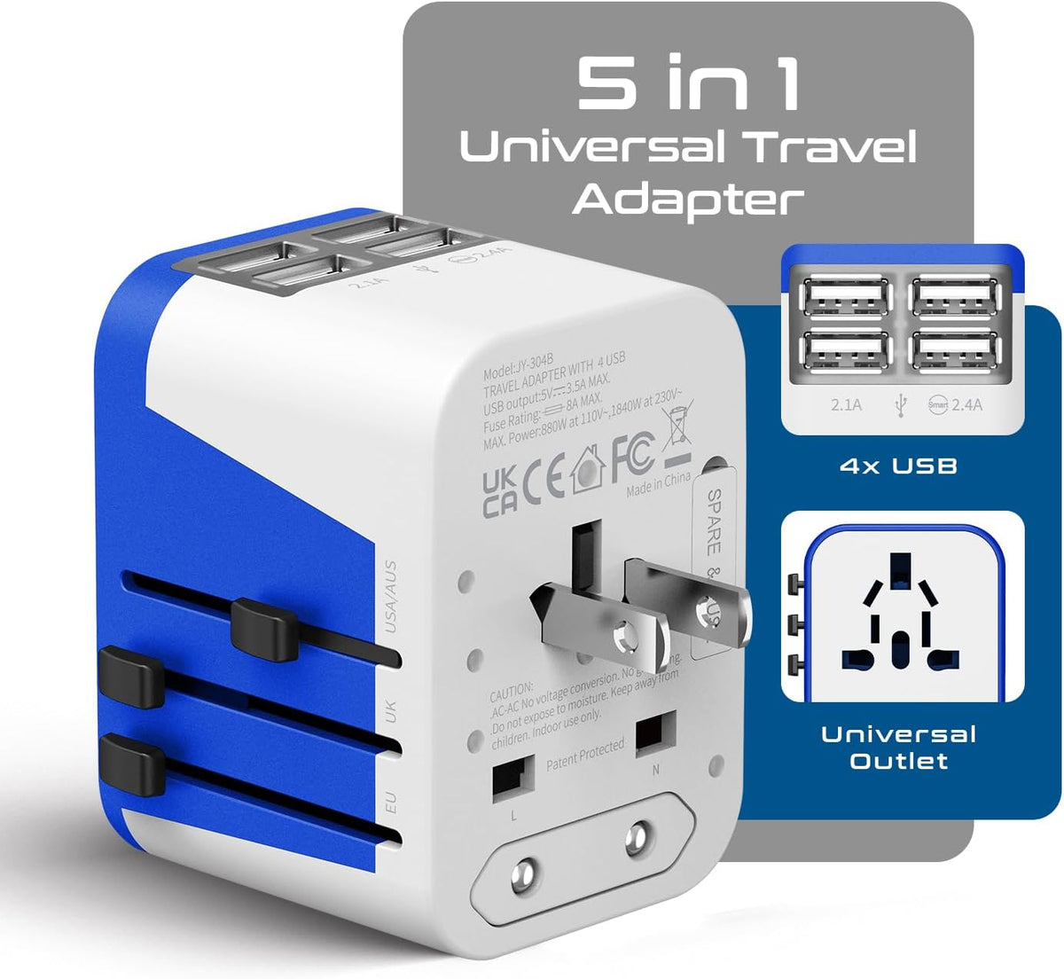 Ceptics Universal Travel Adapter Plug World Power W/ 4 USB Ports - Charge Cell Phones, Smart Watches, iPhones - For International Europe, China, UK, UAE, Australia - Type A, C, G, I
