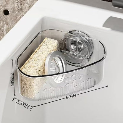 Kitchen Sink Storage Rack Suction Cup Corner Organizer for Sinks Drill-Free Triangular Sink Rack with Drain Basket Includes Adhesive Sponge and Soap Dish 2-Piece Set for Countertop Organization