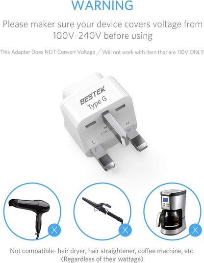 BESTEK UK Travel Plug Adapter Set, Grounded Universal Power Plug Adapter for USA to Type G Countries, UK, Ireland, Hong Kong and More-3 Packs