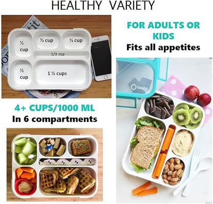 kinsho Bento Box with Lunch Bag and Ice Pack Set | Two Boxes, insulated Bags, Cold Packs for Kids Adults, Value Meal Containers for School Lunches or Snack, 6 Compartments BPA Free, Teal and Orange