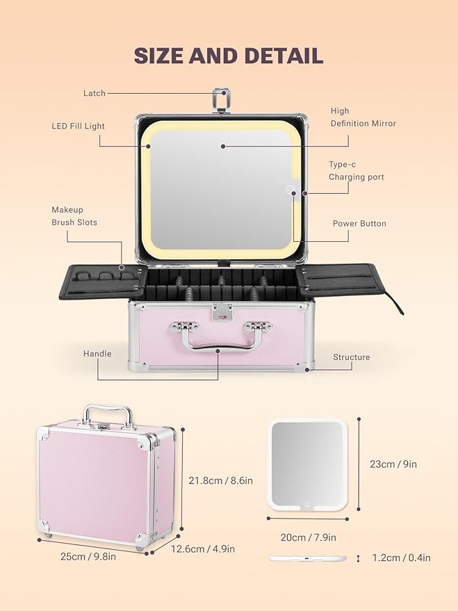 Qislee Makeup Box with A Detachable Lighted Mirror, Waterproof Travel Train Case, Cosmetic Organizer and Makeup Suitcase with Adjustable Dividers, Magnetic LED Mirror(Icy Pink)