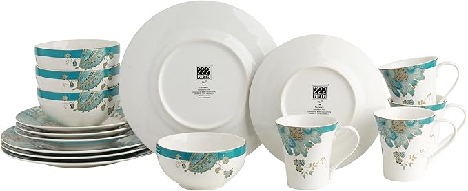 222 Fifth 16-Piece Porcelain Dinnerware Set for 4, Elegant Floral Plates and Bowls Sets-White, Teal, Gold Ceramic Dishes, Chip Resistant Kitchen and Dining Dish Set, Microwave & Dishwasher Safe, Eliza