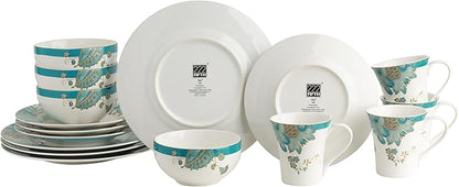 222 Fifth 16-Piece Porcelain Dinnerware Set for 4, Elegant Floral Plates and Bowls Sets-White, Teal, Gold Ceramic Dishes, Chip Resistant Kitchen and Dining Dish Set, Microwave & Dishwasher Safe, Eliza