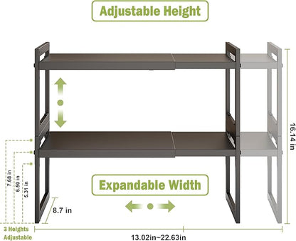DOLALIKE Expandable kitchen Countertop Organizer, Stackable Cabinet Shelf Organizers, Space Saving Spice Rack Pantry Storage for Bathroom Office Organization (Black, 2 Pack)