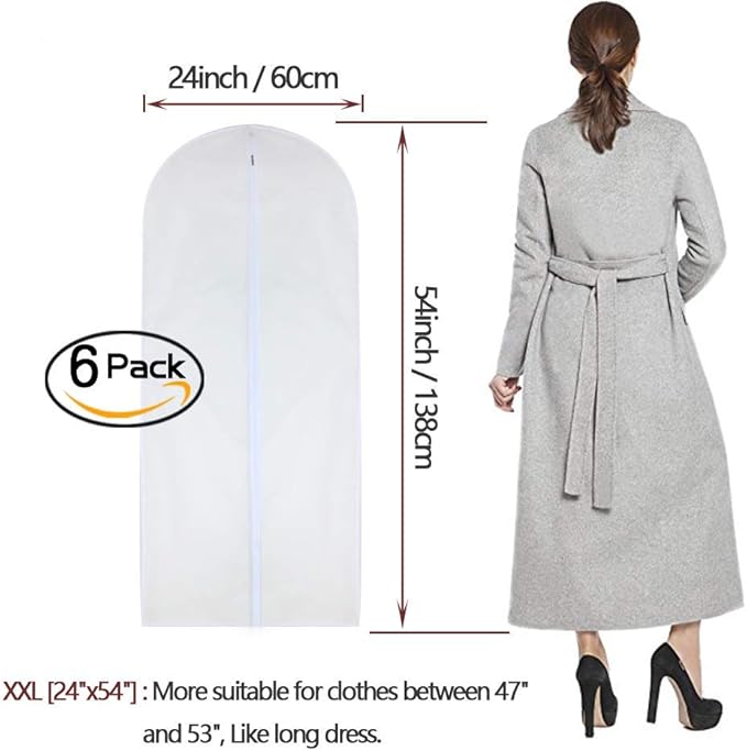 Dress Bags for Hanging Clothes 24'' x 54'' Long Dress Hanging Garment Bag White Breathable Garment Bags for Hanging Clothes Full Zipper Dust Cover for Storage Closet Pack of 6
