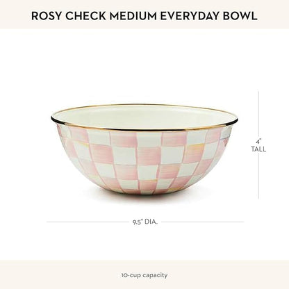 MACKENZIE-CHILDS Enamel Everyday Bowl, Serving Bowl for Entertaining, Medium, Pink-and-White Rosy Check, Set of 1