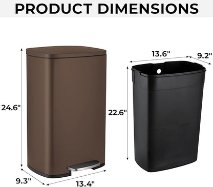 8 Gal Kitchen Trash Can, 30L Recycling or Garbage Bin, Brushed Stainless Steel Waste Basket, Soft&Quiet Close Dustbin, with Step-On Pedal, Removable Inner Bucket, for Home, Office, Living Room