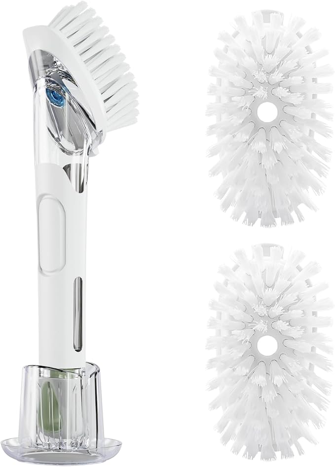 RIMAY Dish Brush with Soap Dispenser Storage Set, Soap Dispensing Dish Brush with 2 Pcs Brush Refills & Holder, Kitchen Dish Washing Wand with Handle for Dishes/Pans/Pots/Sink (White)