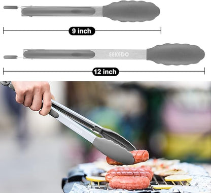 Kitchen Tongs, Stainless Steel Silicone Tongs for Cooking 600ºF High Heat-Resistant BBQ Grilling Locking Tongs, Set of 2-9" and 12" Light Grey