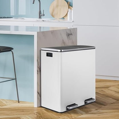 16 Gallon Rectangular Stainless Steel Trash Can, Dual Compartment Garbage Bin with Recycling Combo, Metal Dustbin Lid, Removable Liner, Indoor Hands Free Waste Bucket for Kitchen Home