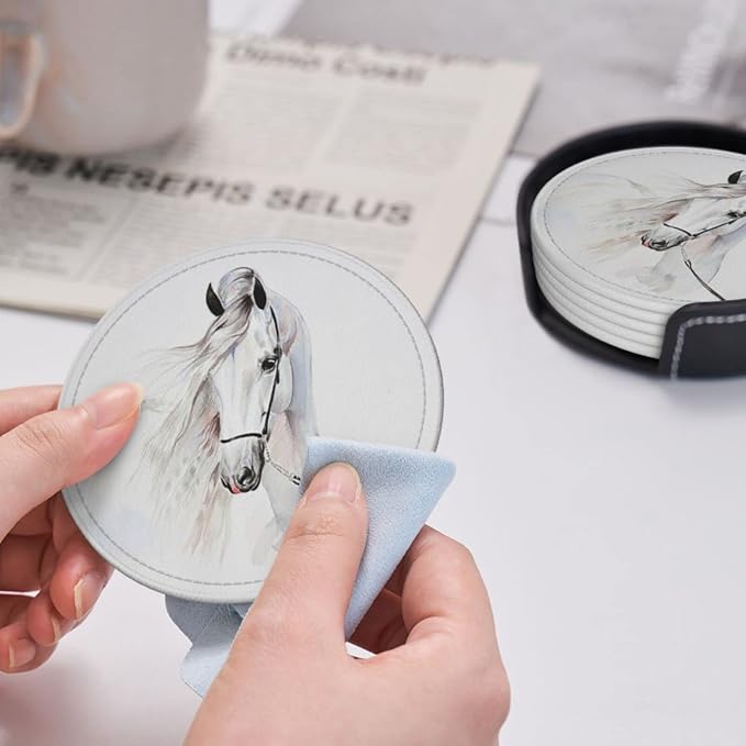 6 Pcs White Horse Animal Leather Coasters