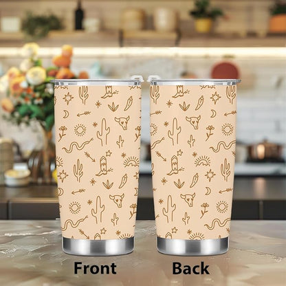 Birthday Christmas Decor Boho Western Coffee Tumbler, 20 oz Tumblers, Insulated Coffee Mug, Stainless Steel Thermal Cup Travel Coffee Cup, Cow Print Western Gifts for Women Men Coworker Appreciation