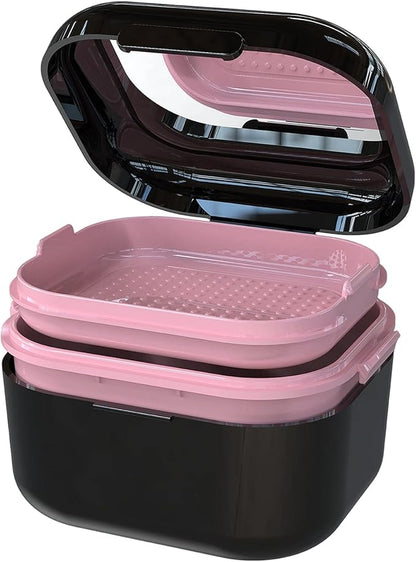 BVN Denture Bath Denture Case: Denture Cup for Soaking Dentures, Retainer Cleaner Case with Mirror, Mouth Guard Case, Aligner Case, Retainer Holder, Night Guard Case, False Teeth Container Black