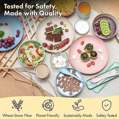 FOODLE Wheat Straw Dinnerware Set - Non-Toxic Kids Plates and Bowls Sets