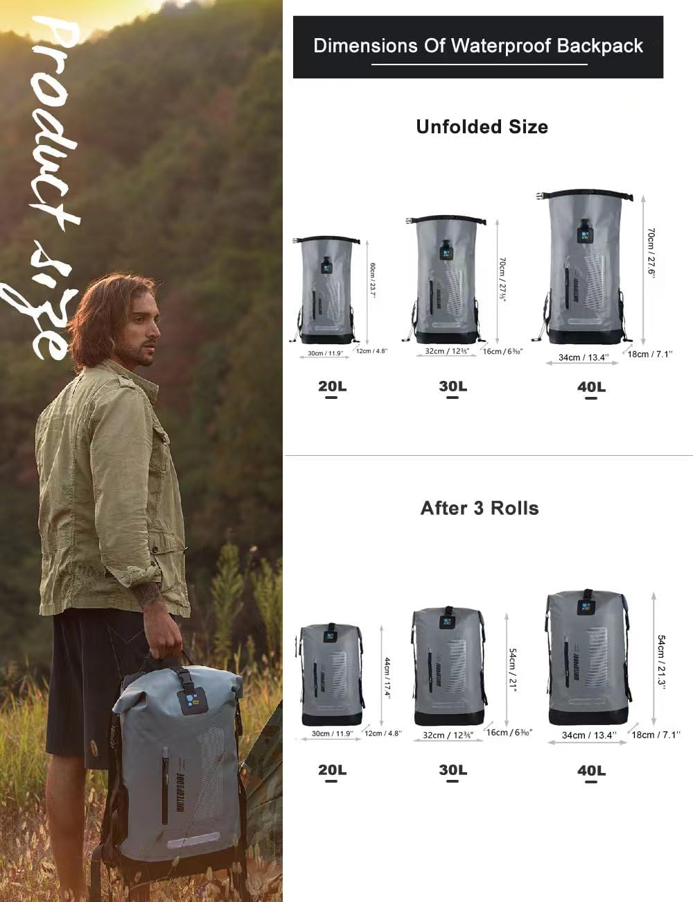 IDRYBAG Waterproof Backpack for Men 20L/30L/40L, Floating Dry Bag Kayak, Dry Backpack Hiking