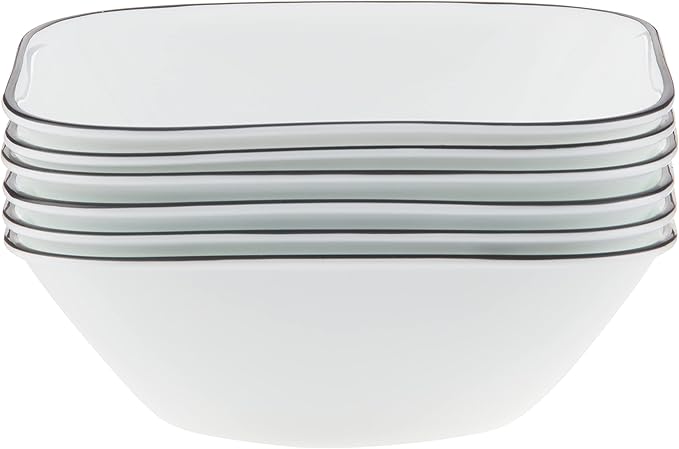Corelle Vitrelle 6-Piece (22-Oz) Cereal Soup Bowls, Triple Layer Glass and Chip Resistant, Lightweight Square Dinnerware Bowl Set, Simple Lines