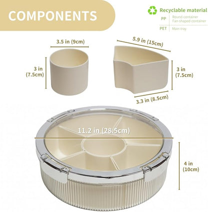 Snackle Box Container, Round Divided Serving Tray with lid 6parts for Veggie, Candy and Nuts Organizer for Travel, Party and Picnic (Cream/Silver)