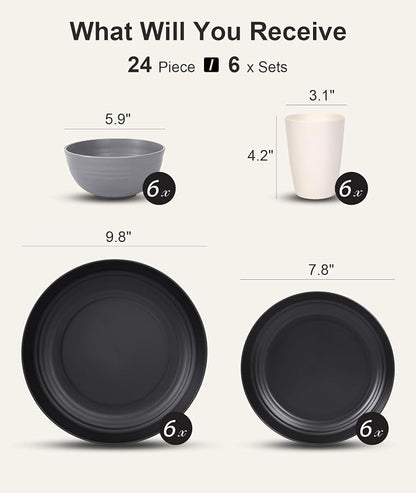 Quatish 24 Pcs Unbreakable Plates and Bowls, Plastic Dinnerware Sets