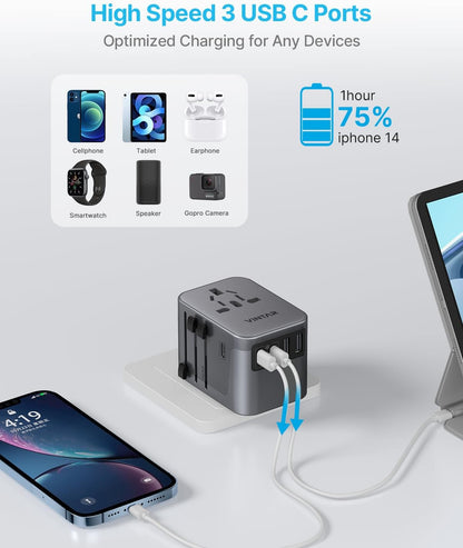 Universal Travel Adapter, VINTAR International Power Adapter with 6A 3 USB C and 2 USB Ports, All in One Travel Essentials Plug Adapter, Worldwide Outlet Converter for Europe UK USA AUS(Type C/G/A/I)