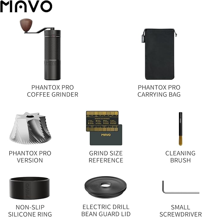 MAVO Manual Coffee Grinder, Phantox Pro Burr Coffee Grinder, Professional 45mm Stainless Steel Grinding Core, Capacity 30g, 120 Clicks Adjustment, Hand Coffee Grinder for Espresso, Pour Over, Black