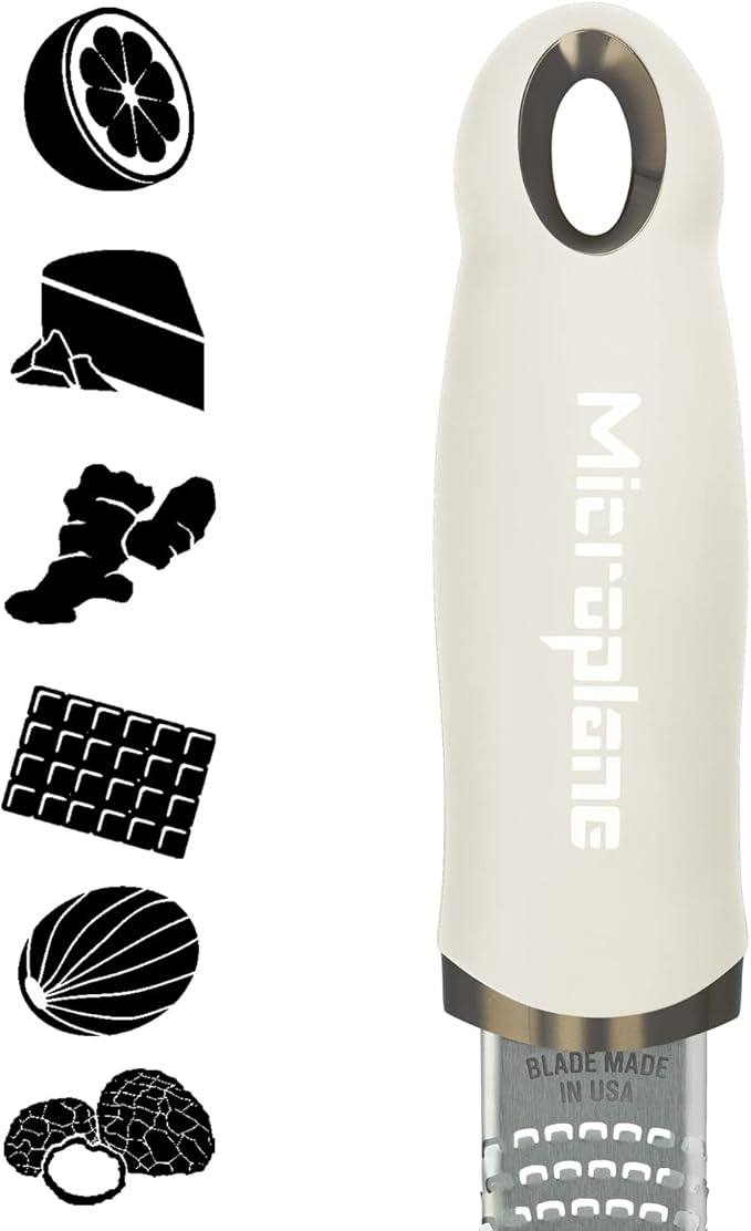 Microplane Zester Grater in Cashmere Beige for Citrus Fruits, Hard Cheese, Ginger, Chocolate and Nutmeg with Fine Stainless Steel Blade - Made in USA