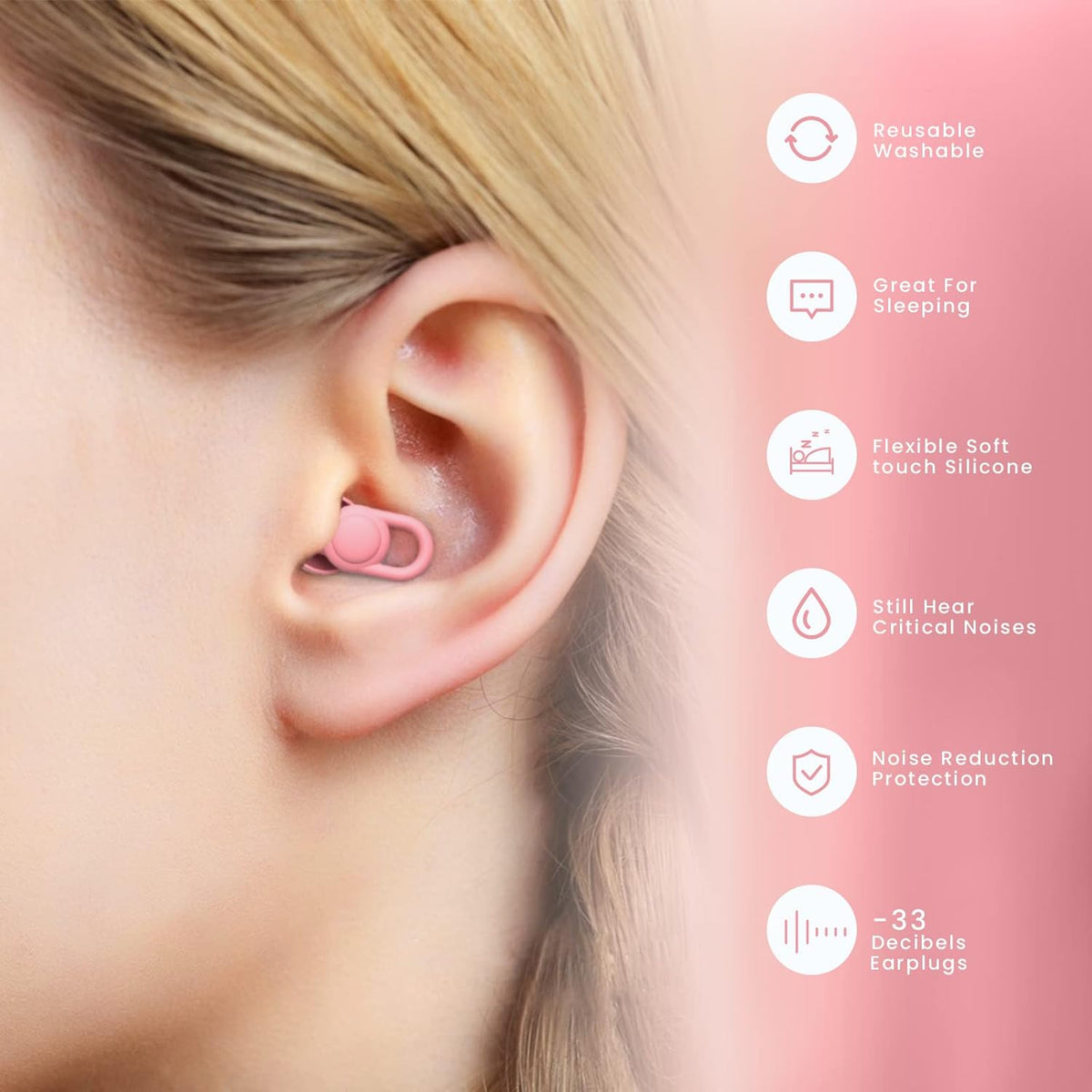 Silicone Reusable Soft Comfortable Earplugs for Sleeping, Flights & Noise Sensitivity - 16 Ear Tips in XS/S/M/L, with 2 Travel Boxes - 33dB Noise Cancelling (Pink)