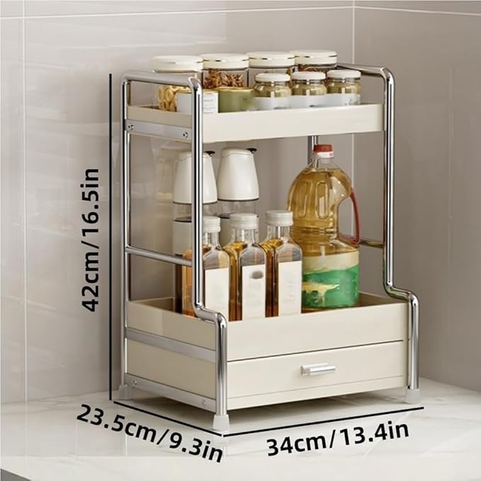 2-Tier Metal Spice Rack Desktop Storage Rack with Drawers Multifunctional Organizer Cosmetic Box for Bathroom Kitchen Beautiful