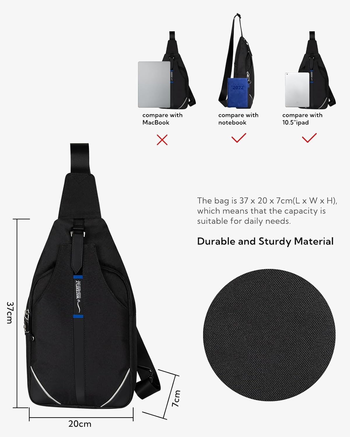 WATERFLY Small Crossbody Sling Backpack Anti Theft Backpack for Traveling Chest Shoulder Bag