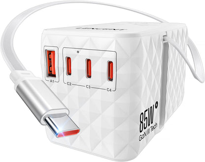 LENCENT 85W Universal Travel Power Adapter with Retractable USB C Cable, GaN International Travel Adapter with 1 USB-A & 3 Type C Fast Charging, Worldwide Plug Adaptor for US to EU UK Type C/G/A/I