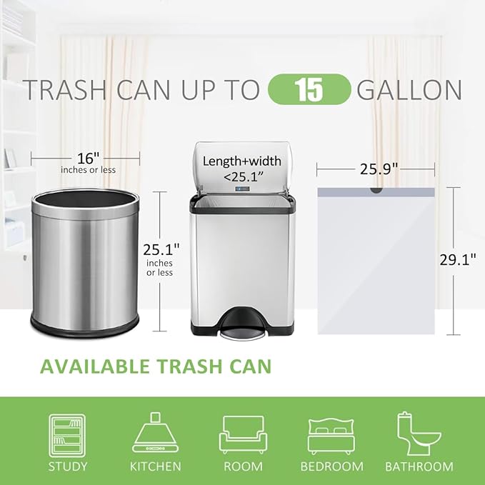 15 Gallon 120 Counts Strong Tall Kitchen Drawstring Trash Bags by Teivio, Medium Plastic Garbage Bags for Home Kitchen Office Garden Tall Trash Can, Waste Bin Liners White
