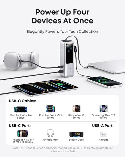 Anker Laptop Power Bank, 25,000mAh Portable Charger with Triple 100W USB-C Ports, Built-in and Retractable Cables, for iPhone 16/15 Series, MacBook, Samsung, and More (Flight-Approved)