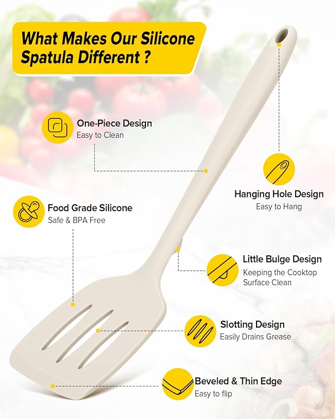 Pack of 2 Silicone Spatula Turners, Non Stick Slotted Kitchen Spatula Set, Heat Resistant BPA Free Kitchen Utensils, One-Piece Design, Suitable for Flipping Fish, Eggs, Steak, Pancakes(KHAKI)