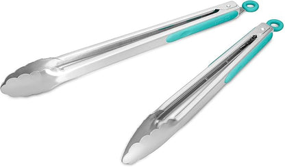 304 Stainless Steel Kitchen Cooking Tongs, 12" and 14" Set of 2 Sturdy Grilling Barbeque Brushed Locking Food Tongs with Ergonomic Grip, Aqua Sky