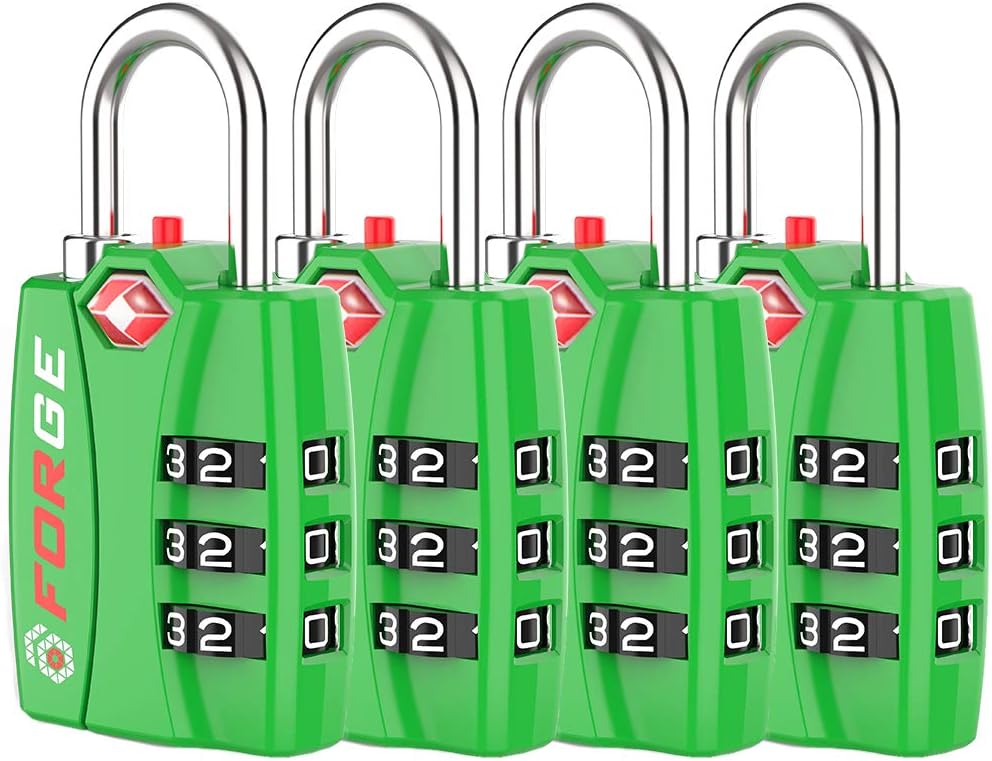 Forge TSA Luggage Combination Lock - Open Alert Indicator, Easy Read Dials, Alloy Body- Ideal for Travel, Lockers, Bags (Green 4PK)