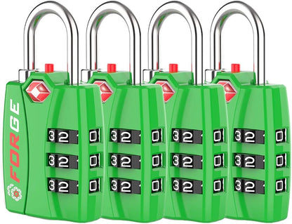 Forge TSA Luggage Combination Lock - Open Alert Indicator, Easy Read Dials, Alloy Body- Ideal for Travel, Lockers, Bags (Green 4PK)