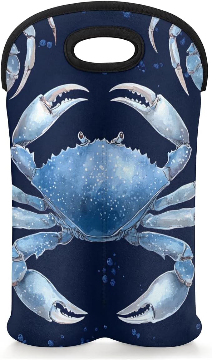 Neoprene Wine Tote, Bottle Carrier Gag Insulating Neoprene Thicker, Insulated Wine Bag for Travel Holds Two Bottles, Bottle Carrier Bags Protect the Bottles, Blue Crab