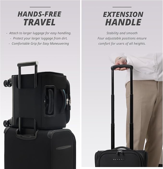 Verage Under Seat Luggage with Wheels, Softside Small Suitcase Spinner Carry On Luggage Bags for Airlines Airplanes Short Trip Men Women (Black, 14.5-Inch Plus Underseat)