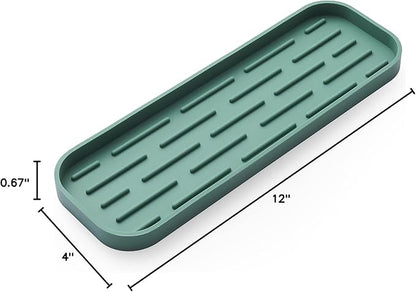 Silicone Kitchen Sink Organizer Tray for Multiple Usage,Eco-Friendly Sponges Holder for Kitchen Bathroom Counter or Sink,Dish Soap Dispenser,Scrubber,Bottle,Cup (Green, 12"×4")
