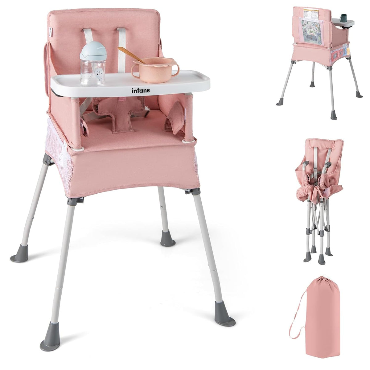 INFANS Baby High Chair, Foldable Portable Highchair for Babies and Toddlers with Travel Bag Adjustable Tray, 5 Point Harness, Compact Space Saver Infant Feeding Chair for Age 6-36 Months (Pink)