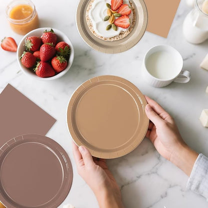 Oigco 60 PCS Brown Paper Plates Boho Baby Shower Decorations Gradient Brown