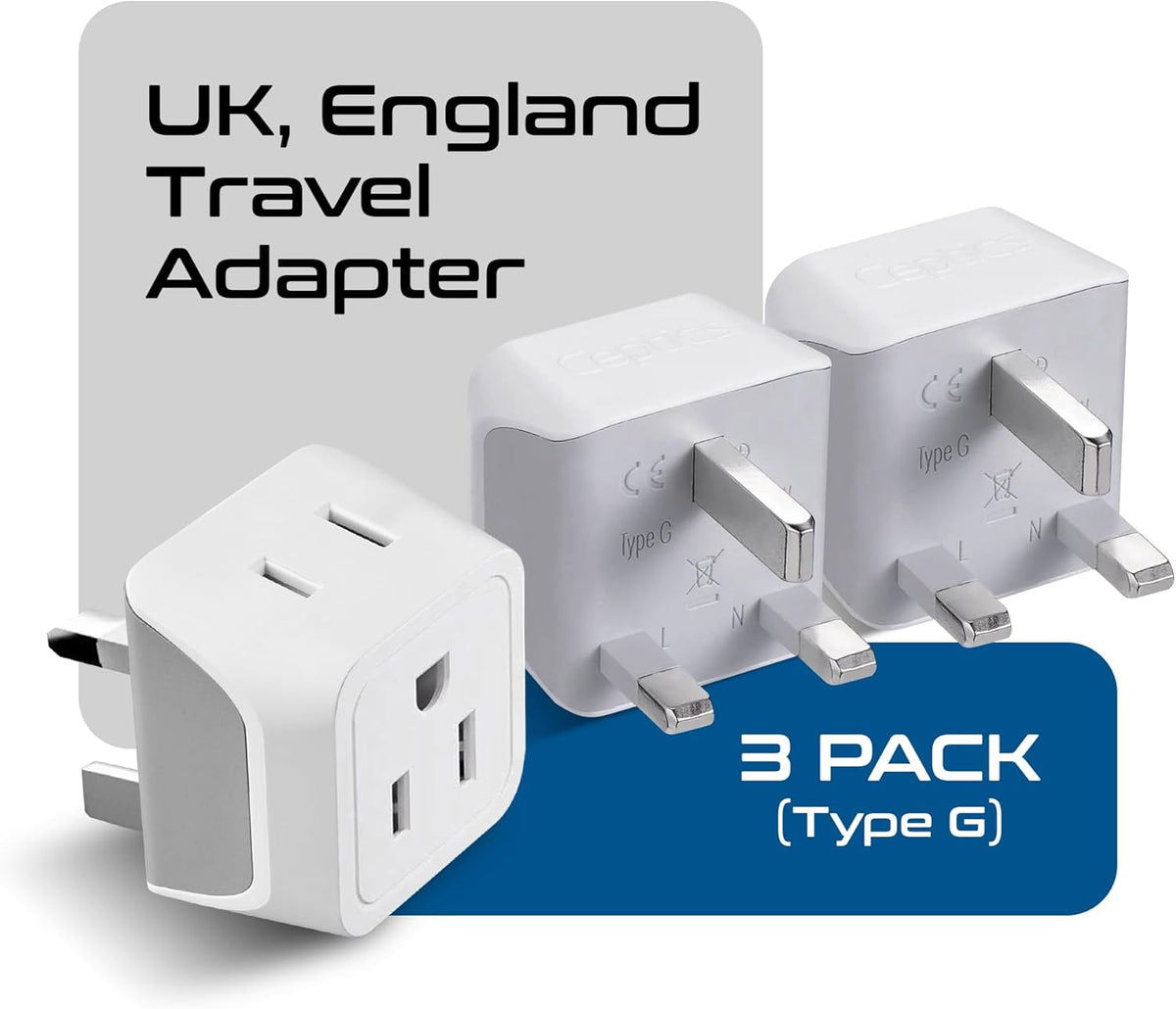 Ceptics UK Travel Plug Adapter, 2 in 1 Type G Adapter, US to UK Adapter, Ireland, Dubai Travel Adapter with Dual USA Inputs, CE, RoHS - HK Outlet Adapter, 3 Pack