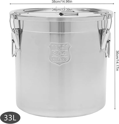 304 Stainless Steel Airtight Canister for Kitchen, 8.7Gal Canisters Container with Lids and Sturdy Locking Clamp,Bucket Food Storage Containers Airtight for Flour Coffee Bean Tea (33L)