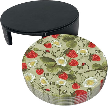 6 Pcs Strawberry Ladybug Leather Coasters