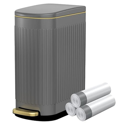 KUK Slim Bathroom Trash Can with Lid, 2.6 Gallon (10 L) Stainless Steel Step Small Garbage Can with Removable Inner Bucket, Soft Close, Anti-Fingerprint Finish (Gray)