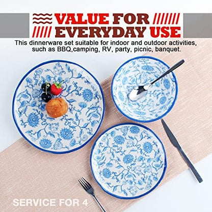 Melamine Dinnerware Set for 4-16 Pcs:Camping Dishes Set with Dinner Plates,Salad Plates,Cups and Bowls.Lightweight and Unbreakable.Indoor and Outdoor Use.