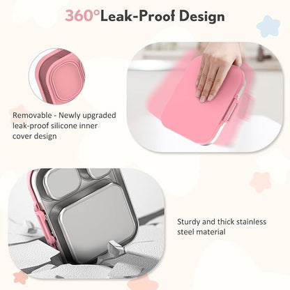 Stainless Steel Bento Box Kids, Leak Proof Metal Bento Lunch Box,3 Compartments 304 Stainless Steel Bento Lunch Containers for School and Office, BPA-Free(Pink)