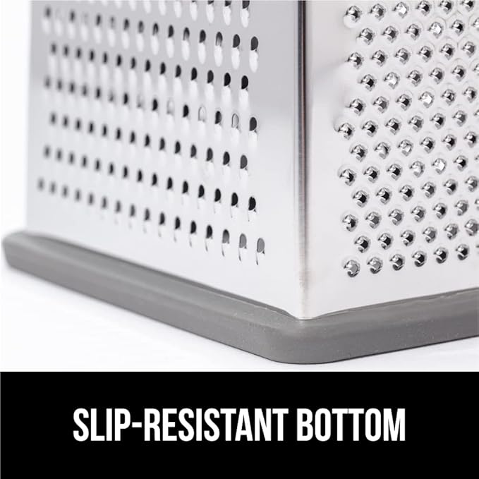 GORILLA GRIP 4-Sided 100% BPA-Free Cheese Grater With Container, Stainless Steel XL Box Graters, Parmesan Shredder, Grate Cheeses, Shred Veggies, Slip Resistant Handle, Dishwasher Safe Zester, Gray