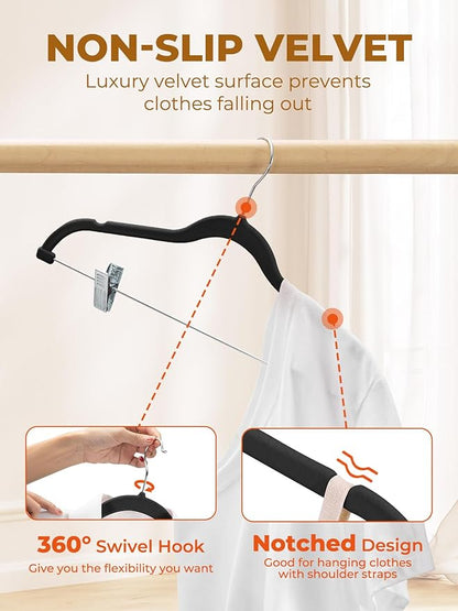 HOUSE DAY Velvet Skirt Hangers 24 Pack, Black Velvet Pant Hangers with Adjustable Clips, Space Saving Slim Shorts Hanger, Heavy Duty Non Slip Clip Hanger for Pants, Skirts, Shorts