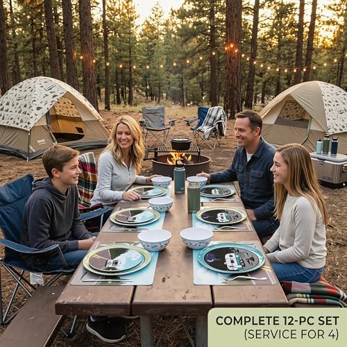 Melamine Dinnerware Set, 12-Piece Camping Dishes, Service for 4