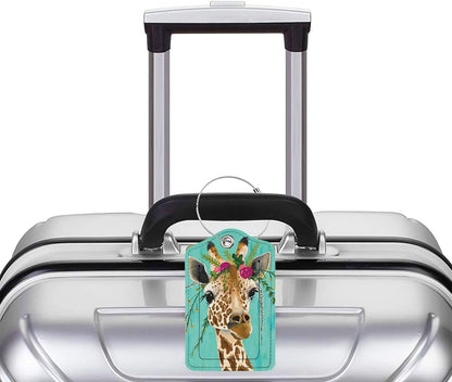 2 Pack Luggage Tag for Suitcase, Cute Unique Leather Bag Tags Identifiers Privacy Cover ID Label with Durable Steel Loop for Women Men Kids Girls Travel, Giraffe